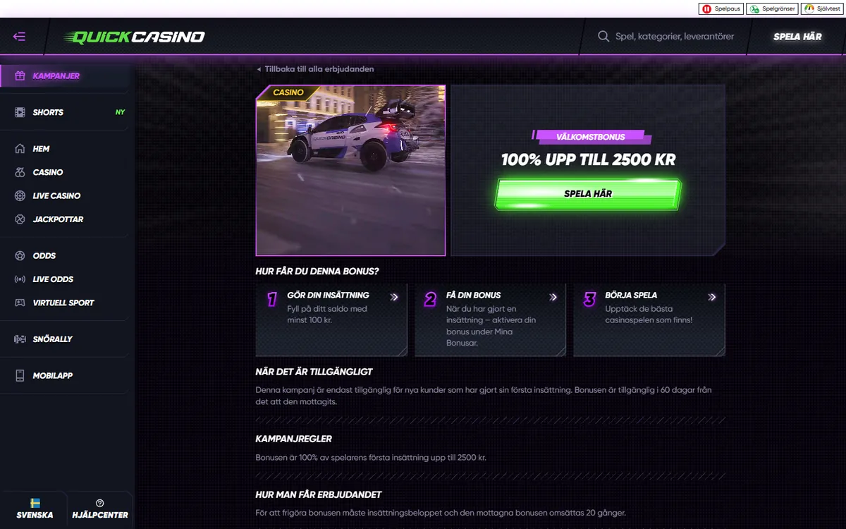 Quick Casino välkomstbonus 100 % upp till 2 500 kr