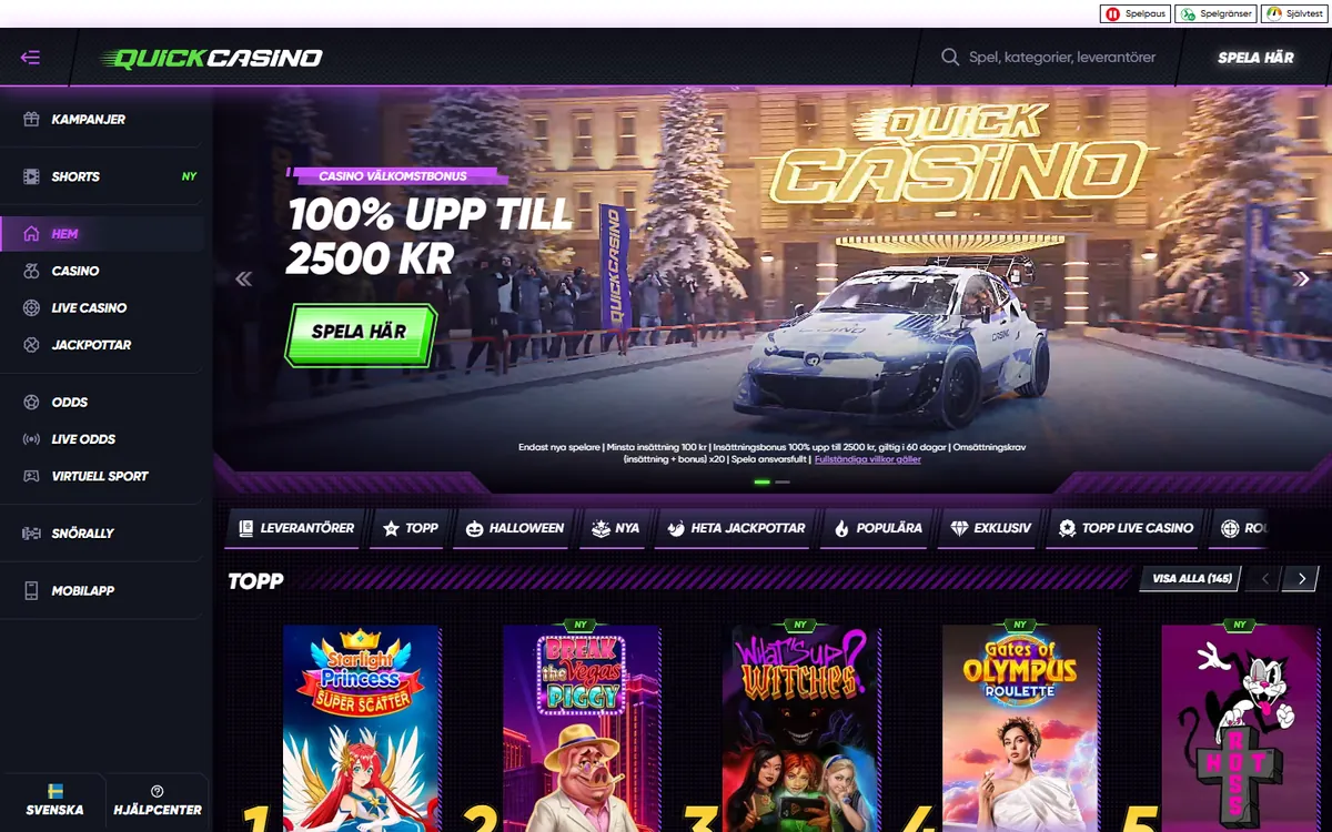 Quick Casino startsida på desktop