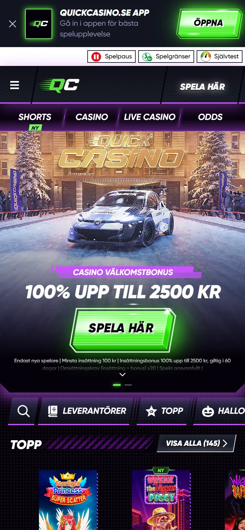 Quick Casino startsida i mobilen med knappen Spela här
