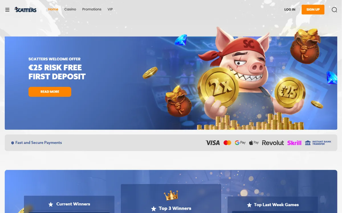 Scatter Casino startsida på desktop