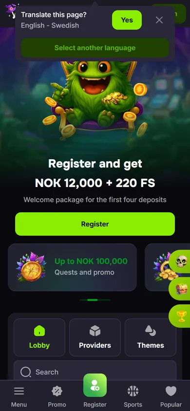 Verde Casino på mobilen med knapparna Login och Register