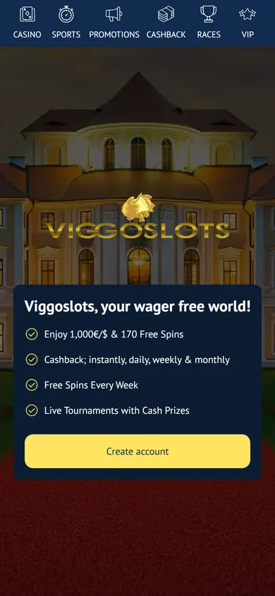 Viggoslots Casino på mobilen med knappen Create account