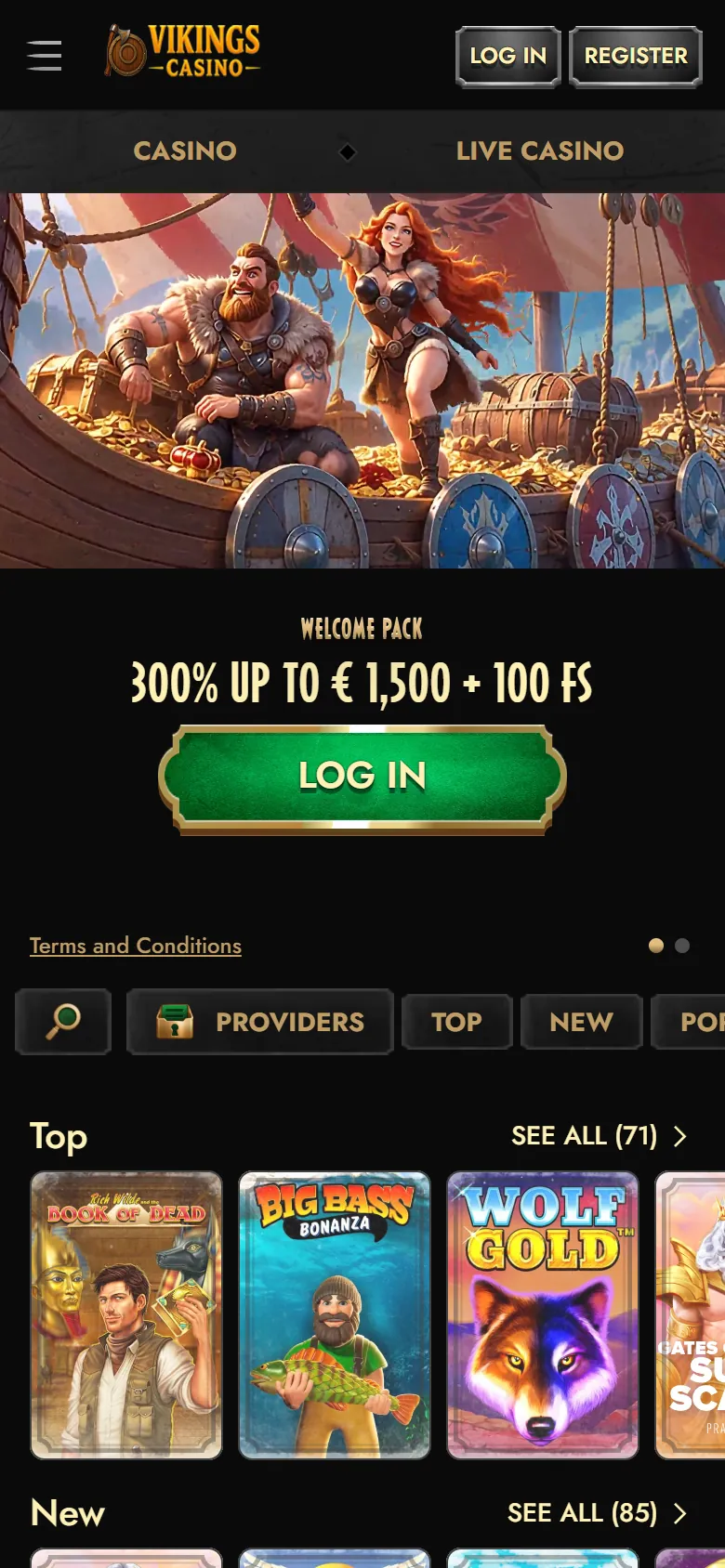 Vikings Casino på mobilen med knapparna Log in och Register