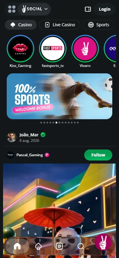 Vivaro Casino på mobilen med Login uppe till höger