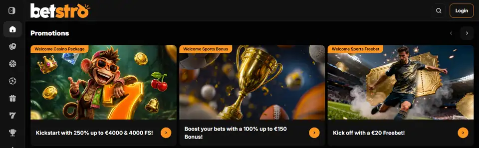 Betstros startsida med casino, sport och kampanjer