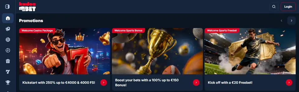 Startsidan hos KudosBet, oktober 2026